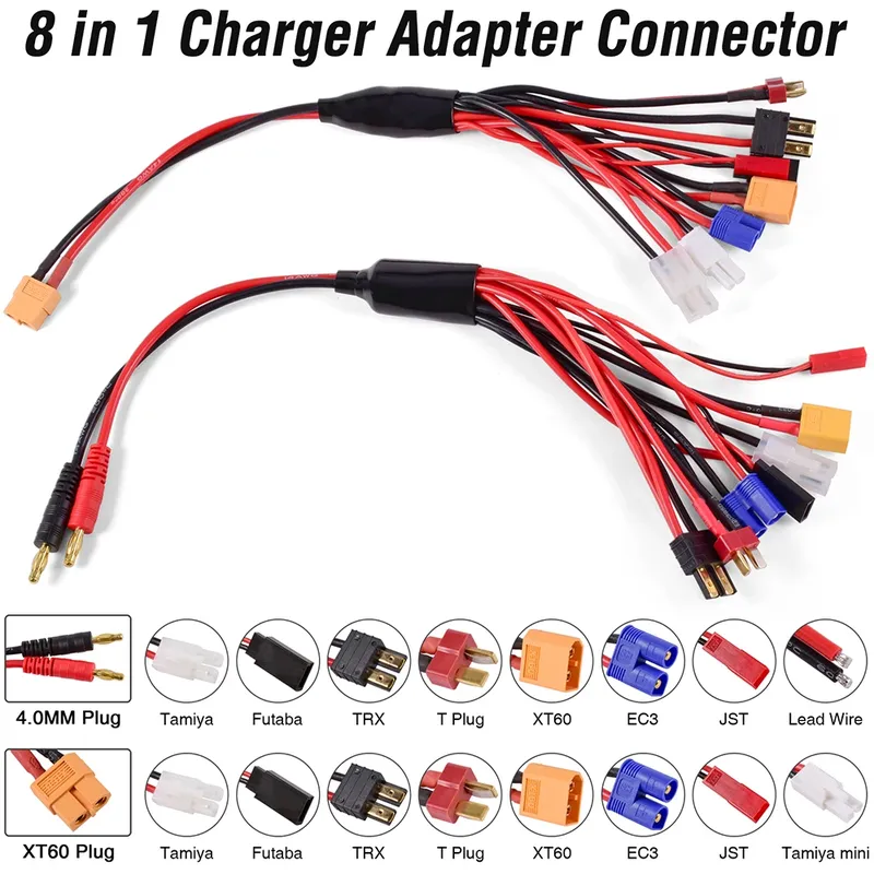 RC-Ladegerät-Adapter-Anschluss, 8-in-1-Ladegerät, 4,0 mm Banane/XT60 TRX Tamiya Lipo für RC-Car-Drohnen, Imax B6 B6AC-Batterieanschluss