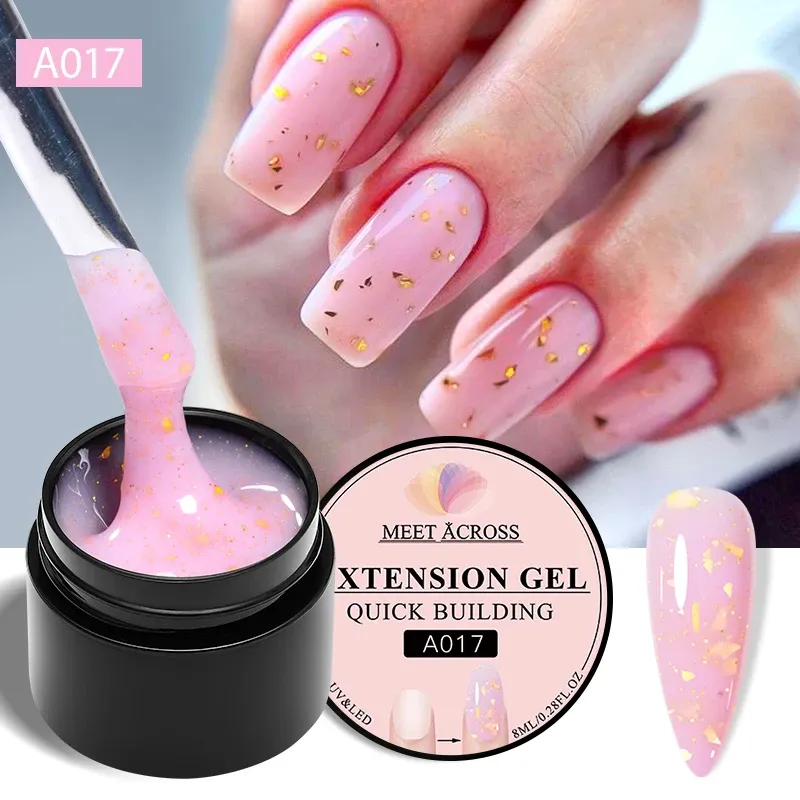 MEET ACROSS 8 ml Goldfolien Quick Extension Gel Nagellack Pink Nude Orange Glitter Finger Extolong Nail Art UV Hard Gel Nails
