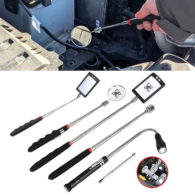 360 °   Inspektionsspiegel, LED-Licht, verlängert den Teleskop-Inspektions-Arbeitsspiegel mit Griff, Autowartung, Reparatur von PickupTools