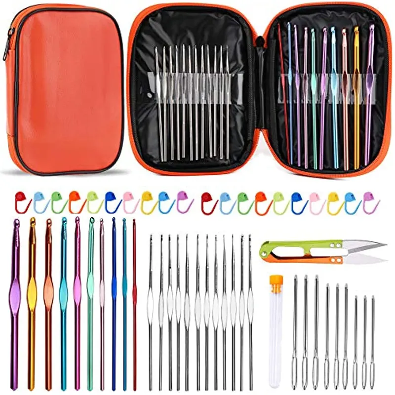 KRABALL 54-teiliges Häkelnadel-Set, Häkelnadel-Set, ergonomische Stricknadeln, stumpfe Nadeln, Stichmarker mit Aufbewahrungskoffer