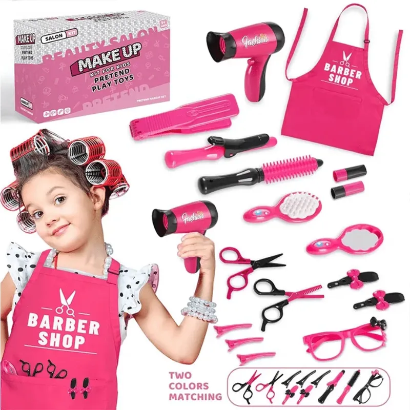 17-teiliges Schönheitssalon-Set für Mädchen, Rollenspiel-Haarschneideset, Friseurspielzeug mit Haartrockner, Schere, Friseurschürze, Geschenk für Mädchen