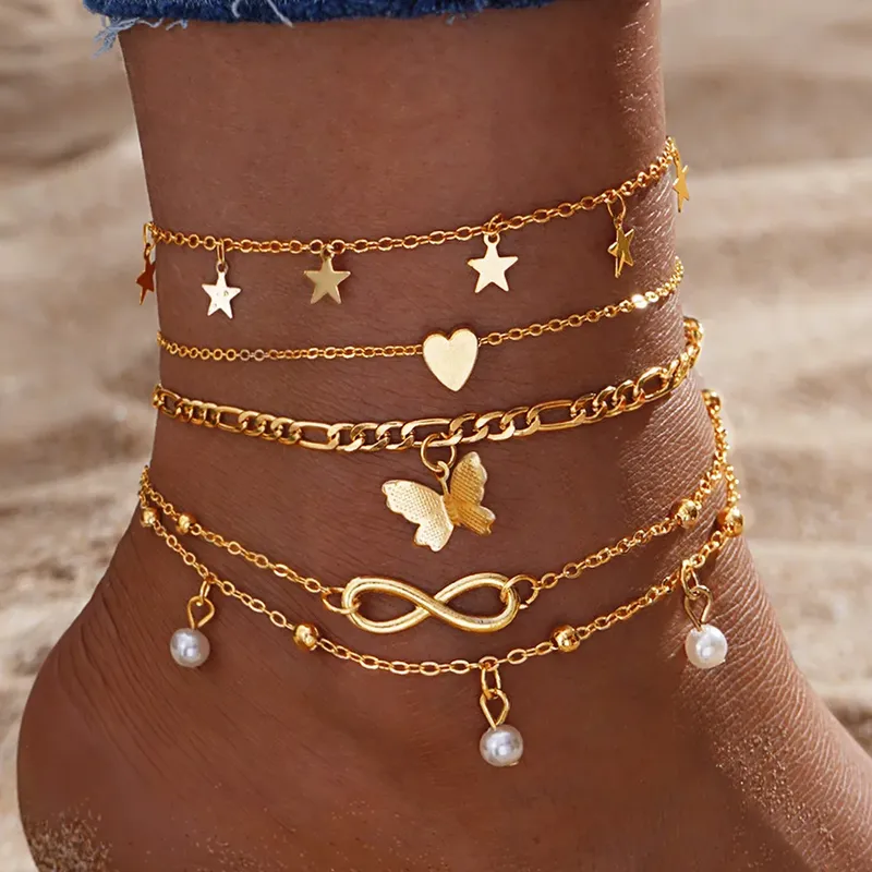 Böhmen Schmetterling Fußkettchen Set Für Frauen Stern Herz Perle Charme Knöchel Armband Weiblichen Sommer Urlaub Strand Schmuck Zubehör