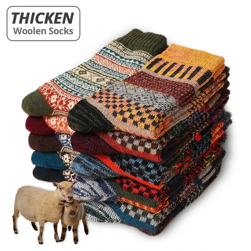 5 Paar Winter-Herrensocken, verdickte Wollsocken, warme Herren-Retro-Stil, bunte Mode, Herrensocken für Schneestiefel, EU-Größe 38–44