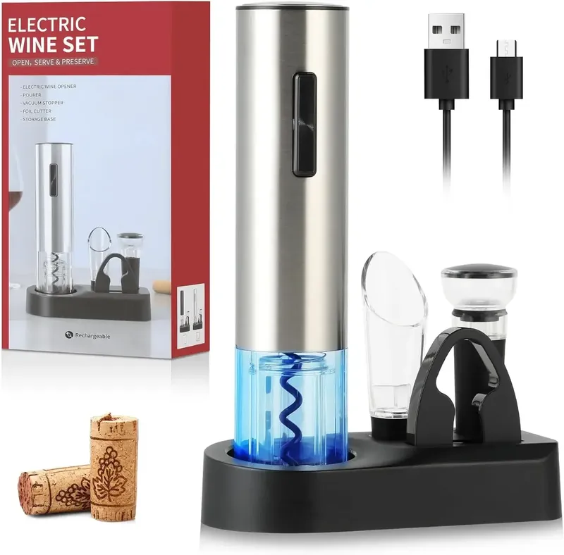 Elektrischer Weinöffner, wiederaufladbares Set, automatischer elektrischer Weinöffner mit Ständer mit Folienschneider, Ausgießer, Vakuumstopfen