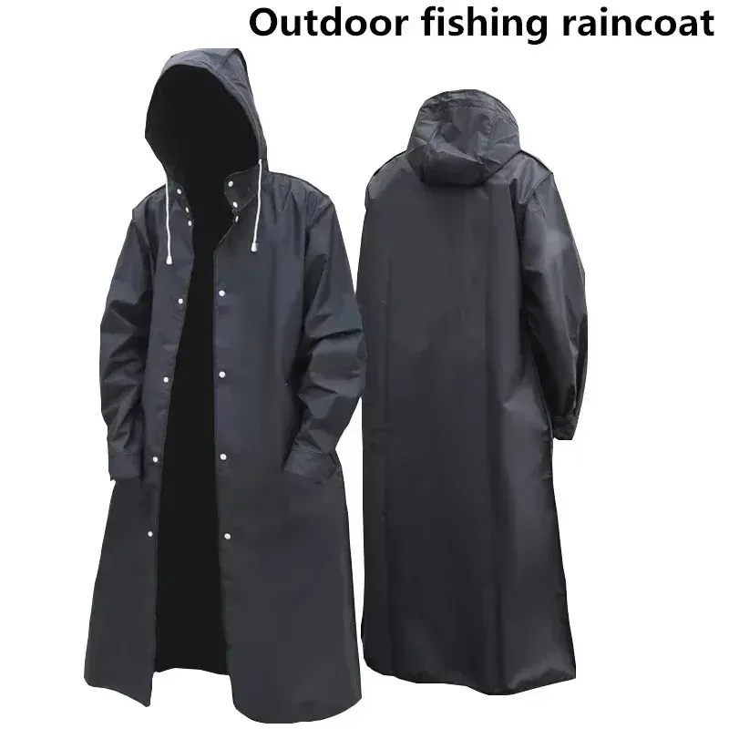 Schwarzer Modischer Erwachsenen-Regenmantel Wasserdicht Lang für Damen und Herren mit Kapuze für Outdoor-Wandern, Reisen, Angeln, Klettern, Verstärkt