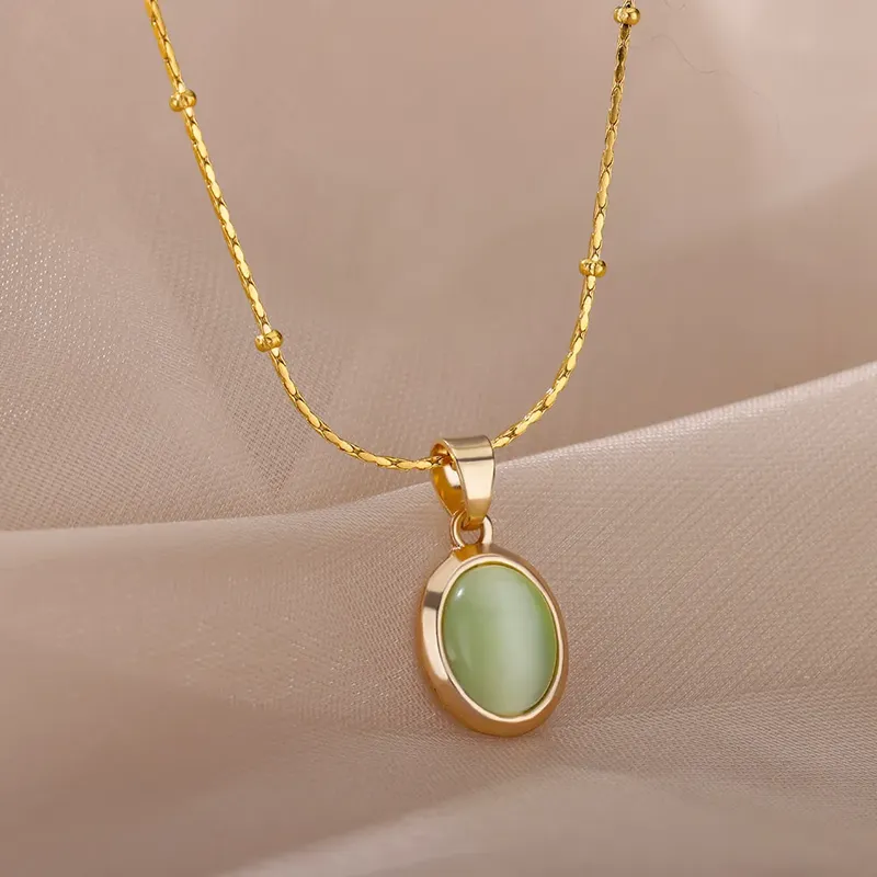 Mode Stein Opal Oval Halskette Für Frauen Edelstahl Gold Farbe Oval Stein Anhänger Halskette Hochzeit Ästhetischen Schmuck Geschenk