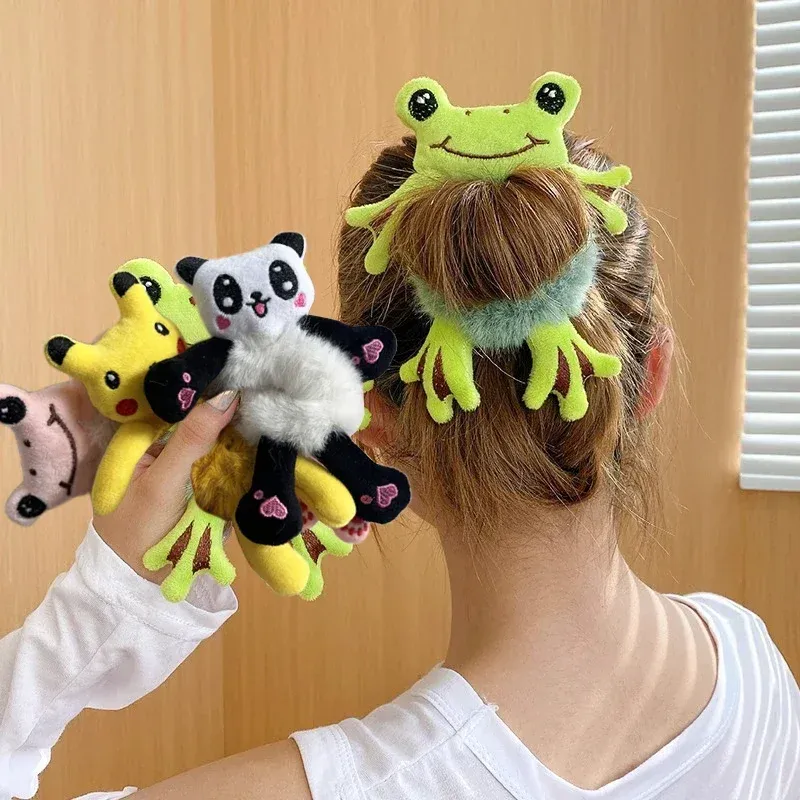 1 stücke Haar Kreis Mädchen Frosch Plüsch Grün Haar Kreis Brötchen Nette Lustige Haarband Elastische Haargummis Für Frauen Pferdeschwanz frisur