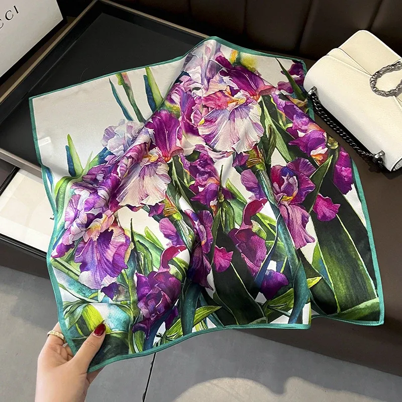 2024 100% echte Seide Quadrat Schal Frauen Designer Floral Print Halstuch Weibliche Luxus Schal Hijab Bandana Stirnband