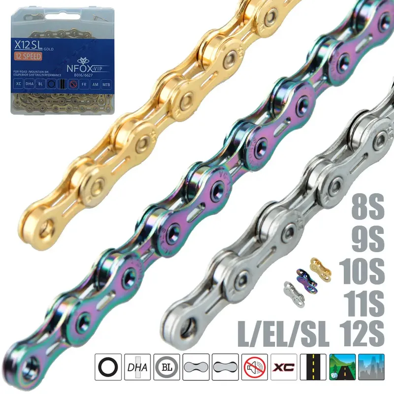 NFOX Mountain Road Fahrradkette X 8 9 10 11 12 24 30 33 Speed EL Half Hollow SL Ultraleichte Glieder MTB Racing Gold Silber