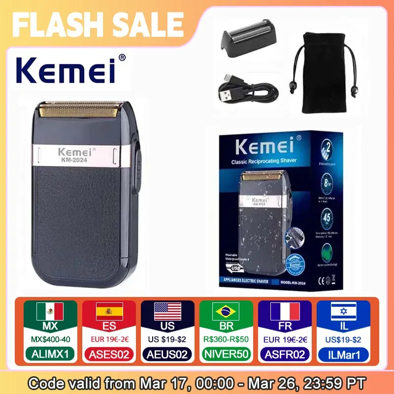 Kemei KM-2024 Elektrorasierer mit USB-Aufladung, zusätzlicher Schneidkopf, hin- und hergehender Twin-Blade-Rasierer, Bartschneider