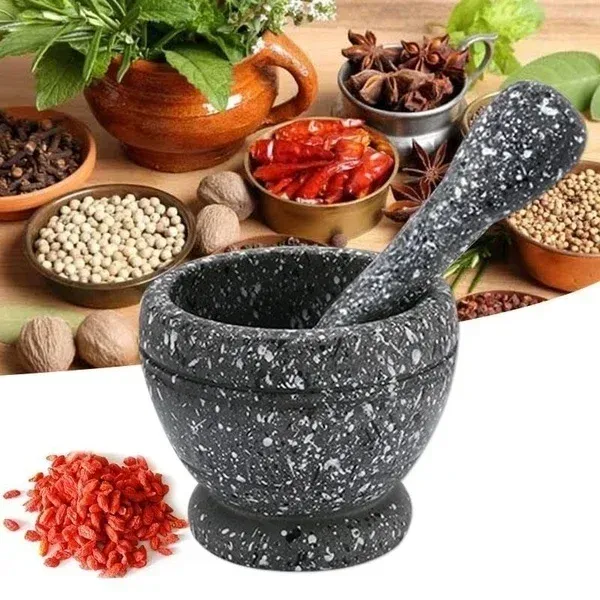 Harz-Set, Mortar und Stößel, Knoblauch, Kräuter, Gewürze, Mischen, Mahlen, Brecher, Schüssel, Restaurant, Küchenutensilien