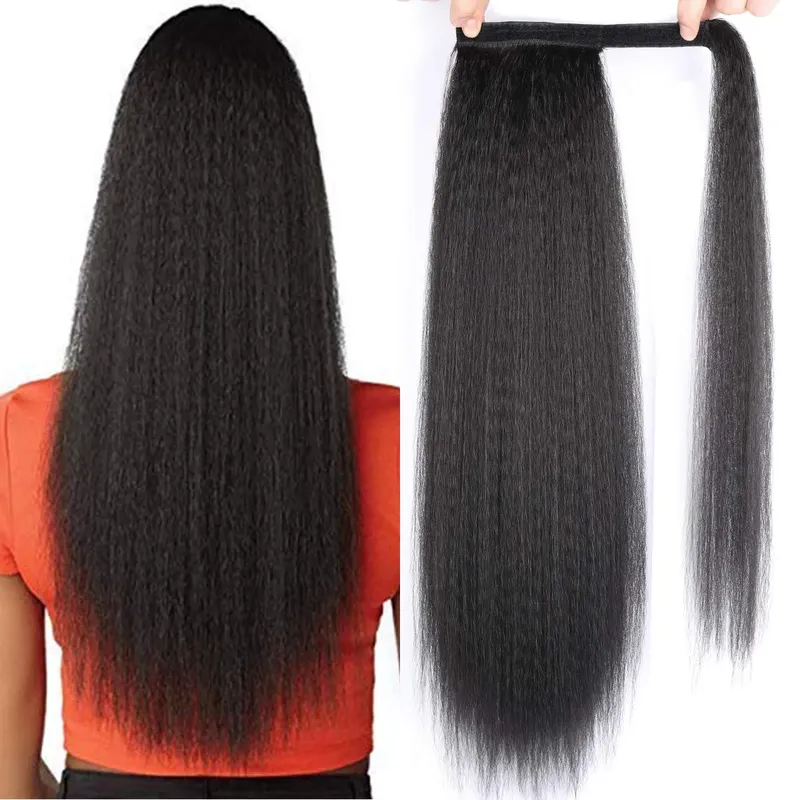 Synthetische lange, verworrene, gerade Pferdeschwanzverlängerung für schwarze Frauen, Yaki-Wickel-Arpund-Haar, 61 cm, Clip in Magic Paste, schwarzer Schwanz