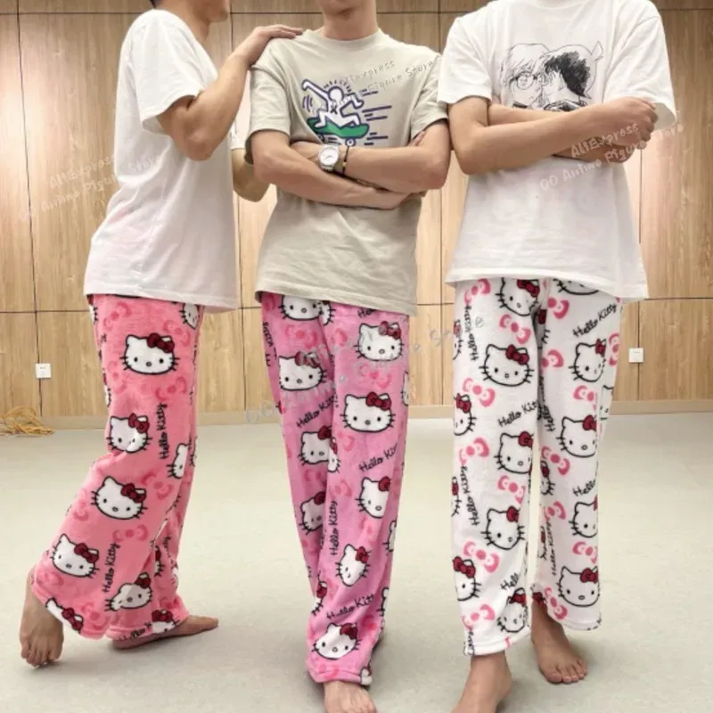 KT Cat Kitty Pyjamas Schwarz Anime Flanell Frauen Warme Woll Whitecartoon Casual Hause Hosen Herbst Mode Hosen Geschenke