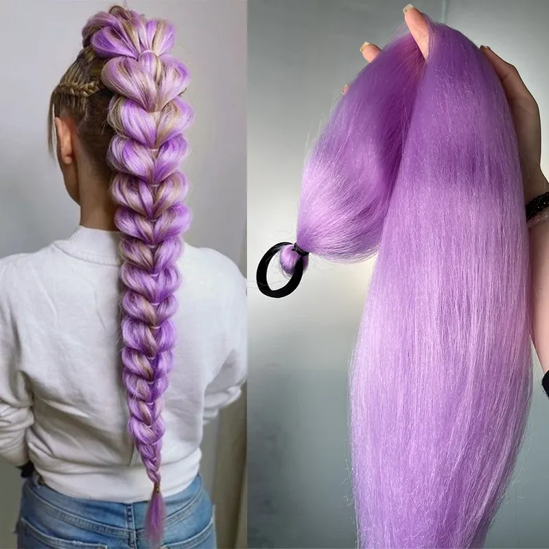 Synthetischer 2 Stück gerader Pferdes chwanz mit elastischem Haar gummi buntes Flechten Pferdes chwanz Haar verlängerungen Haarschmuck für Frauen