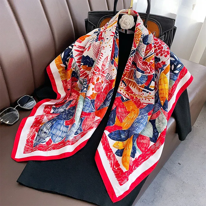 Twill Seiden schal Frauen 90cm quadratische Hijab Schals und Wraps weibliche Foulard Kopftuch elegante Blumen Sommer Herbst Dame Bandana