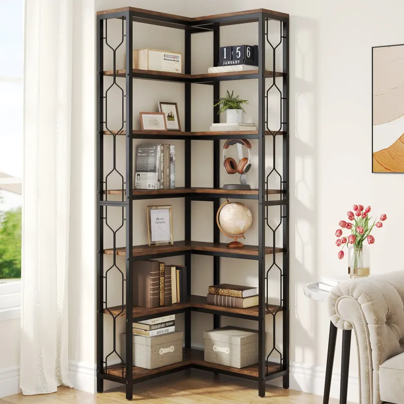 Tribe signs Eck regal, 7-stufiges industrielles Eck-Bücherregal, Etagere-Bücherregal aus Holz und Metall, freistehendes Regal
