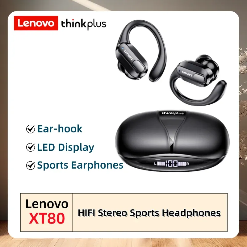 Original Lenovo XT80 Earhooks Sport-Bluetooth-Wireless-Headsets mit Mikrofon, LED-Leistungsanzeige, ENC, HiFi-Stereo-Sound-Gaming-Headset