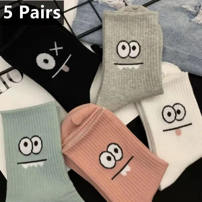 5 Paar süße Socken mit Ausdruck druck, bequeme und lustige All-Match-Socken, Damen strümpfe und Strumpfwaren