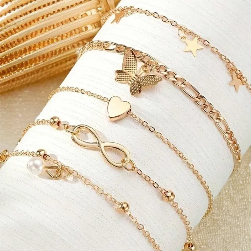 Schmetterling Stern herzförmige Anhänger Knöchel Set böhmische Vintage Perle Anhänger Fuß Armband Strand Damen Schmuck