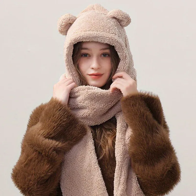 Nette Bär Ohr Hut Mode Winter Warme Komfort Polyester Verdickt Plüsch Hoodie Hut Schal Handschuhe Set Mädchen Kawaii Warme Casual Hut