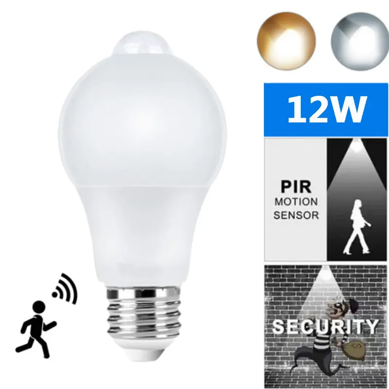 PIR-Bewegungsmelder, LED-Glühbirne, 12 W, E27, intelligente Glühbirne, bewegungsaktiviert, EIN/AUS, Heimbeleuchtung, Lampe für Zuhause, Treppen