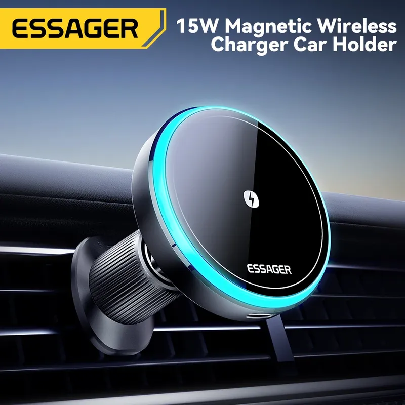 Essager magnetisches kabelloses Ladegerät Autotelefon halter 15w rgb sieben farbiges Licht Schnell lade halterung für iPhone 15 14 13Android