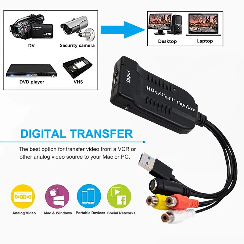 USB 2.0 Video Capture Card HD/AV/3RCA/S Video VHS Analog-Digital-Wandler USB Capture Card Device für Hi8 DVD VCR PS3 PS4
