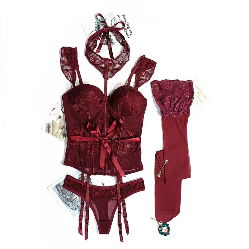 Varsbaby Sexy Spitzenkorsett Body Shapewear Set Damen Bustier mit Hosenträgern Strümpfe Halsband 4 Stück Body Shaper Dessous