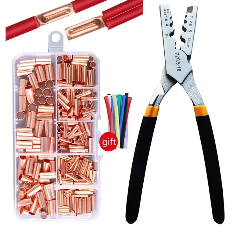250 Stück GT Kupfer Verbindungsrohr Drahtverbindung Kleines Kupferrohr Terminal Kabelschuh Schnürsenkel Ferrule Kit mit Crimpzange - 5.41 EUR