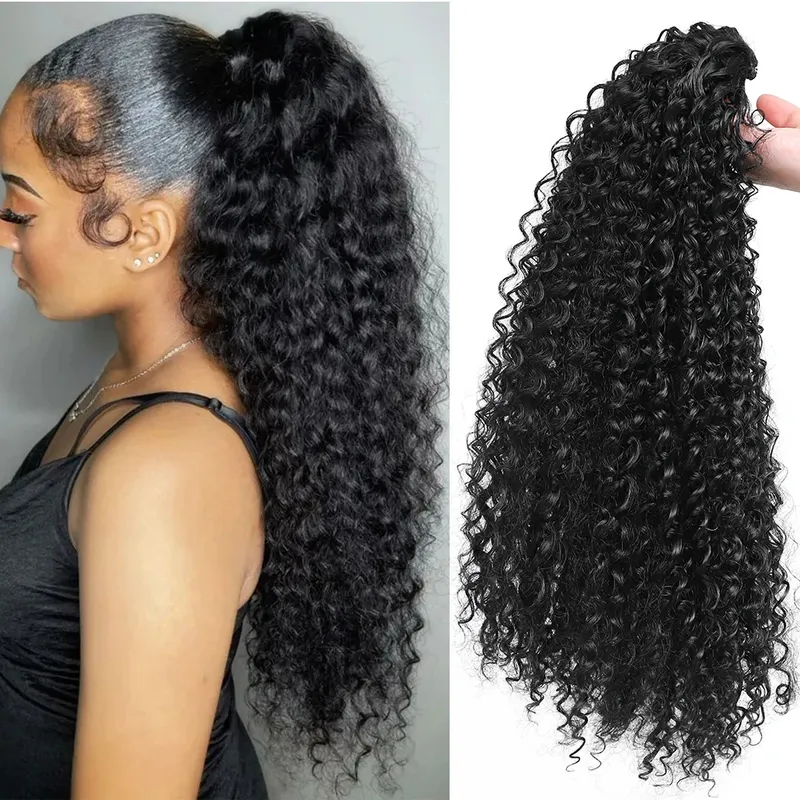 Lange lockige Kordelzug-Pferdeschwanz-Afro-Puff-verworrene lockige Pferdeschwanz-Haarverlängerungen, flauschiges synthetisches gefälschtes Pferdeschwanzhaar für Frauen