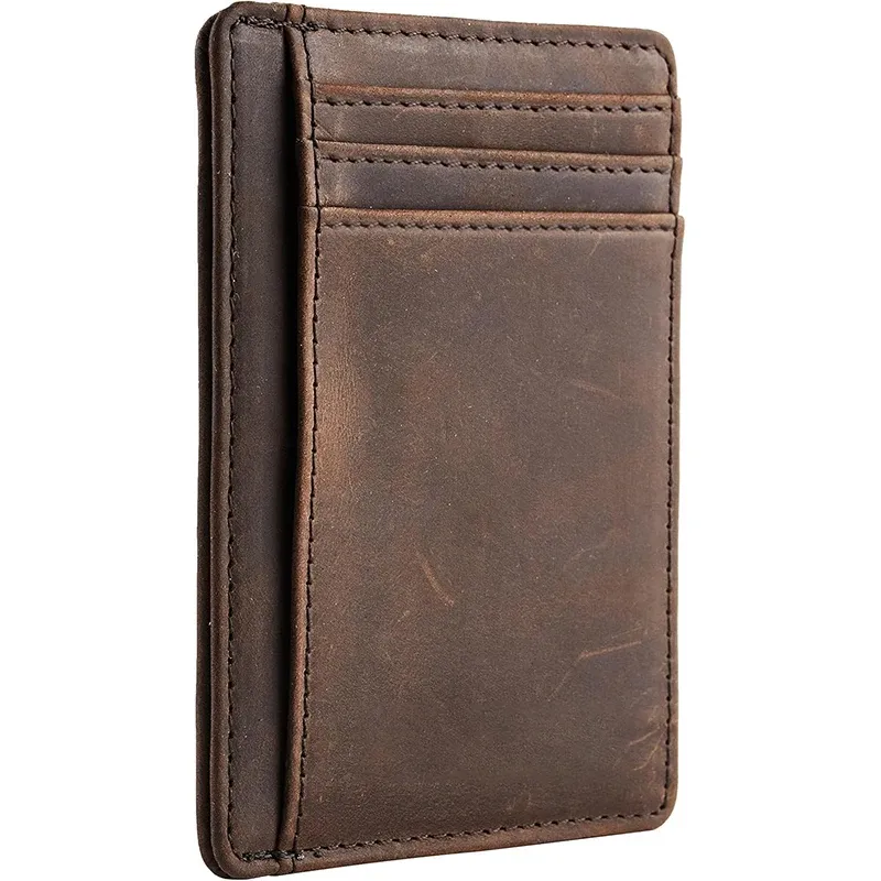 Echtes Leder, RFID-blockierende Retro-Geldbörse mit dünnem Kartenhalter, minimalistische, schlanke Geldbörsen aus Crazy Horse-Leder mit Vordertasche