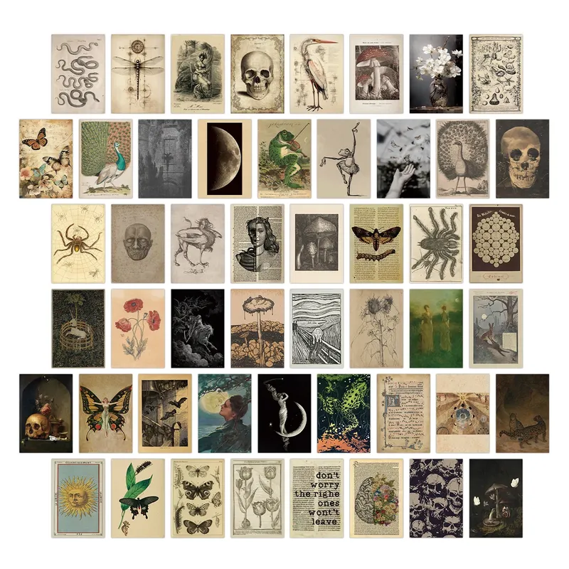 50 Stück Vintage Poster Wandcollage Kit Raumdekoration Vintage Ästhetisches Fotocollage Kit Insekt Pflanze Postkarte Halloween Dekoration