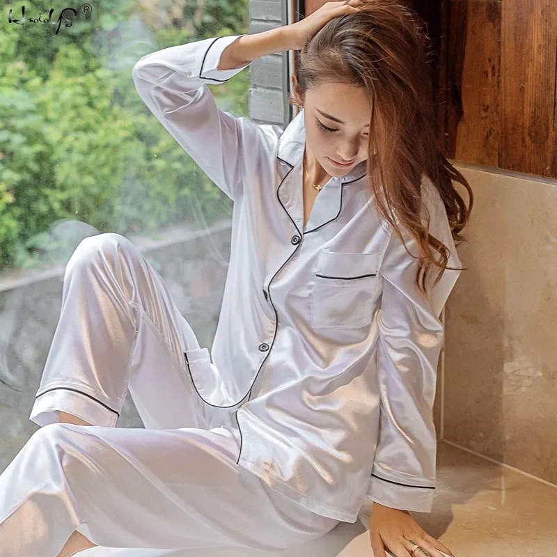 Damen-Nachtwäsche, schlichtes Satin-Pyjama-Set, langärmelig, Knöpfe, Revers, Oberteil mit elastischen Hosen, Loungewear, Nachtwäsche, 2-teiliges Nachthemd