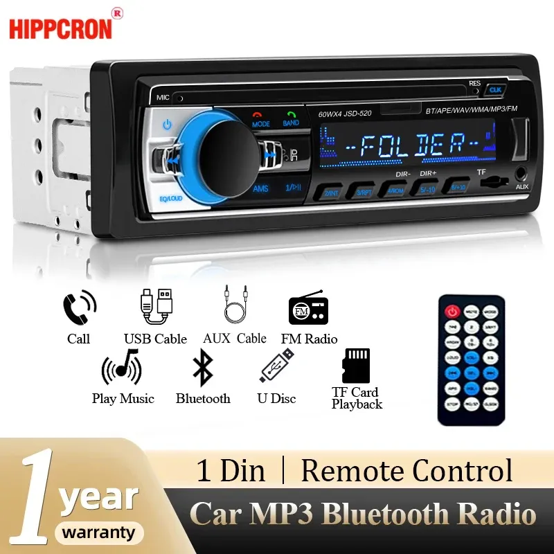 Hippcron Autoradio 1din Stereo Multimedia MP3 Player Digital Bluetooth FM Audio Musik USB mit In Dash AUX Eingang