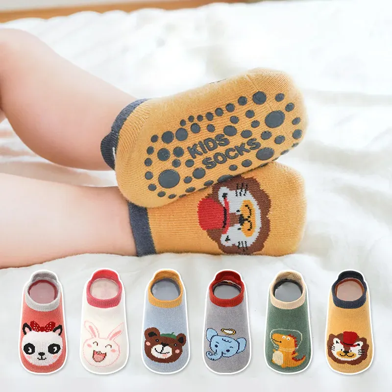 6 Paar Kinder-Baumwollsocken mit niedlichem Cartoon-Tiermuster, bequeme, atmungsaktive, rutschfeste Bodensocken für Babys