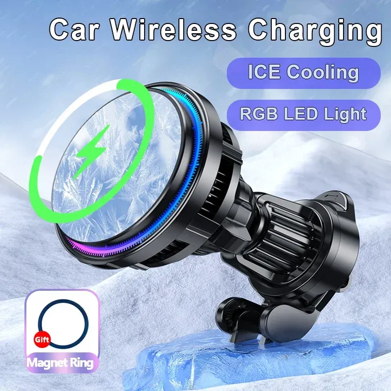 Eiskühlender magnetischer kabelloser Autoladeständer für iPhone 16, 15, 14, 13, 12 Pro Max, MacSafe-Autotelefonhalter, Schnellladestation