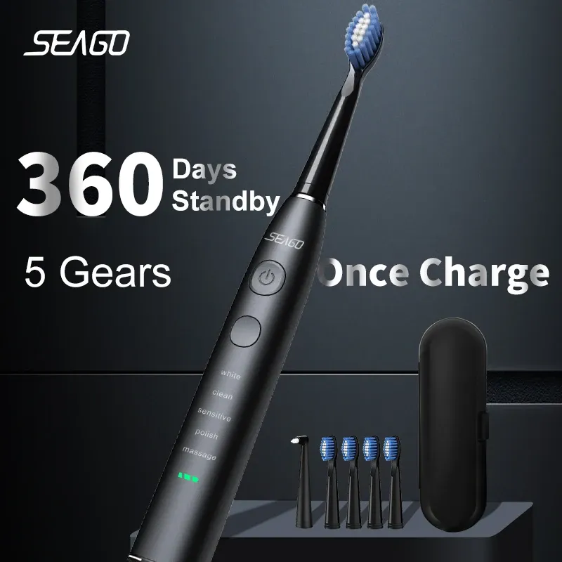 Seago elektrische Zahnbürste, USB wiederaufladbar, für Erwachsene, 360 Tage lange Akkulaufzeit, IPX7, 4 Ersatzköpfe, Reisebox, SG-575