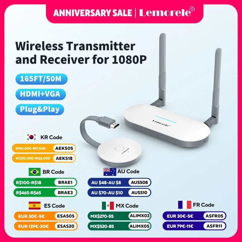 Lemorele Wireless HDMI Video Sender & HDMI/VGA Empfänger Extender Display Adapter Dongle für TV Monitor Projektor Schalter PC