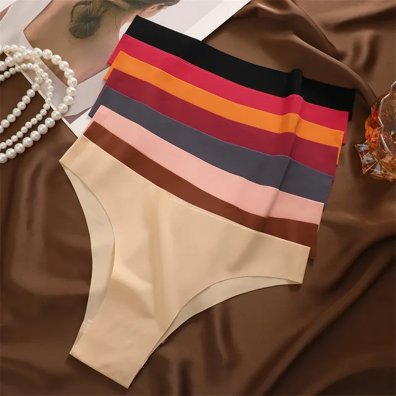 3Pcs Ultra-dünne Nahtlose Seide Unterwäsche frauen Höschen Sexy Low-Taille Stretch Bikini Einfarbig Slip Dessous XS-XXL Mode