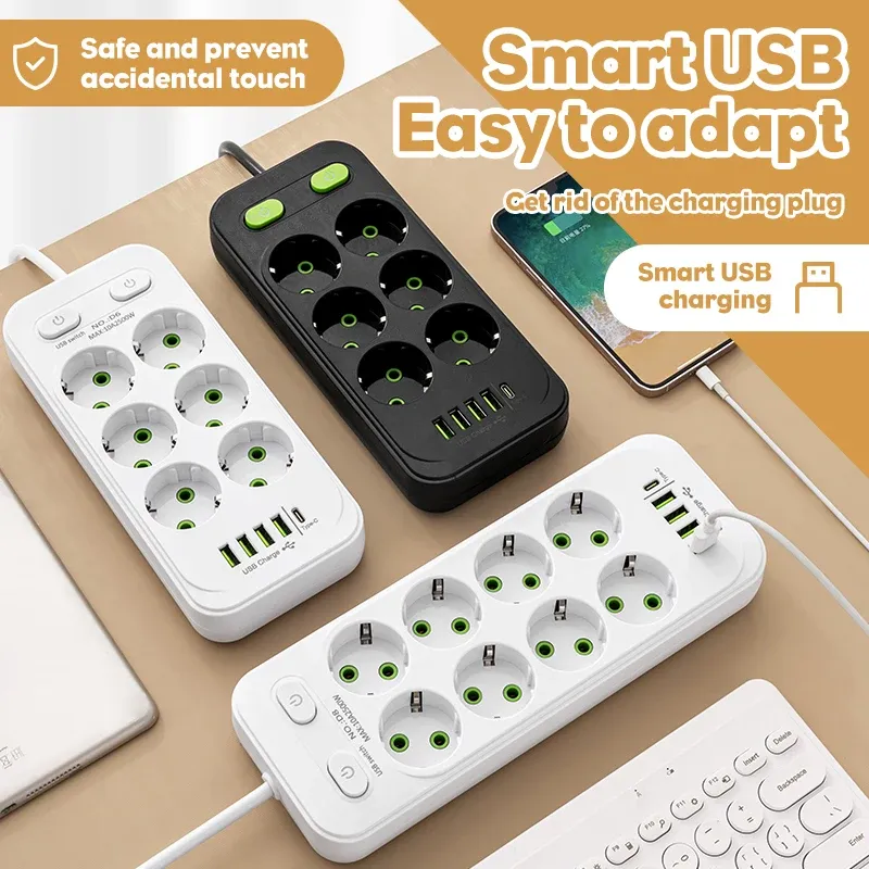 EU Stecker AC Outlets Multitap Buchse 2M Verlängerungskabel Elektrische Steckdosenleiste USB Typ C Schnelle Lade Netzwerk Filter Adapter 1pc