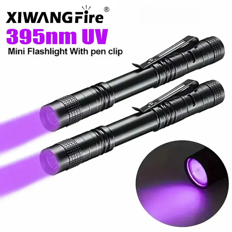 UV-Taschenlampe, 395 nm, UV-Taschenlampe mit Stiftclip, tragbare AAA-Batterien, verwendet, violettes Licht, Haustier-Urin, Skorpion-Detektor, UV-Lampe
