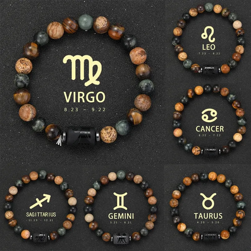 12 Sternzeichen-Armbänder aus Naturstein, Krebs, Jungfrau, Löwe, Waage, Armband für Paare, Freundschaftsgeschenke, Armbänder, Schmuck, Pulsera Homme