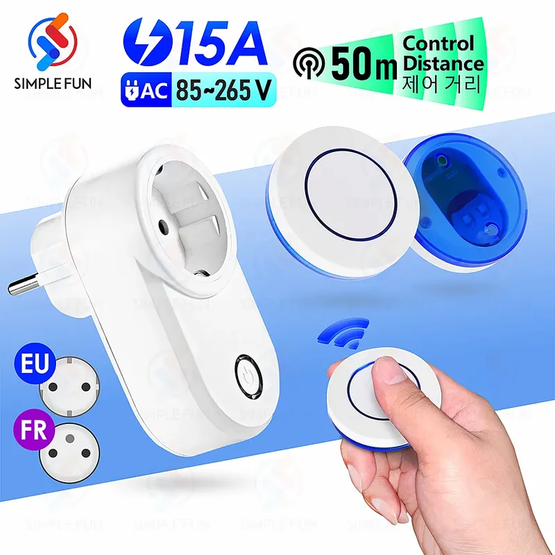 Drahtlose Fernbedienungssteckdose 220 V 110 V EU FR Smart Plug, 50 m Reichweite, Steckdose 15 A für Haushaltsgeräte-Lichtventilator - 4.42 EUR