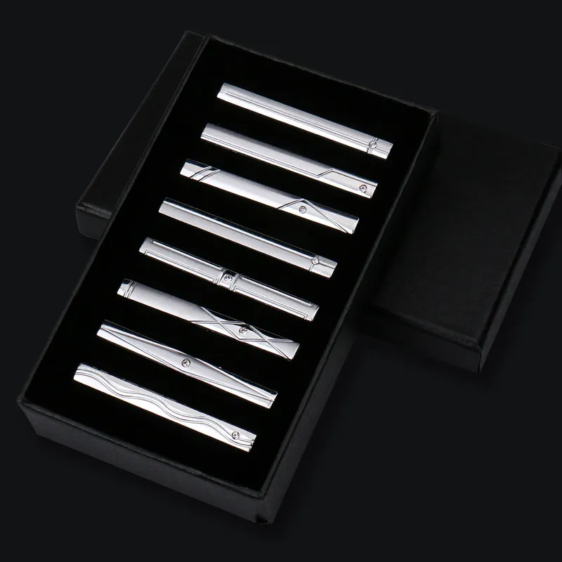 8 stücke Krawatte Clips Metall Diamant Mit Box Für Männer Hochzeit Herren Krawatte Clips Set Chrom Edelstahl Schmuck Gentleman krawatten Pin