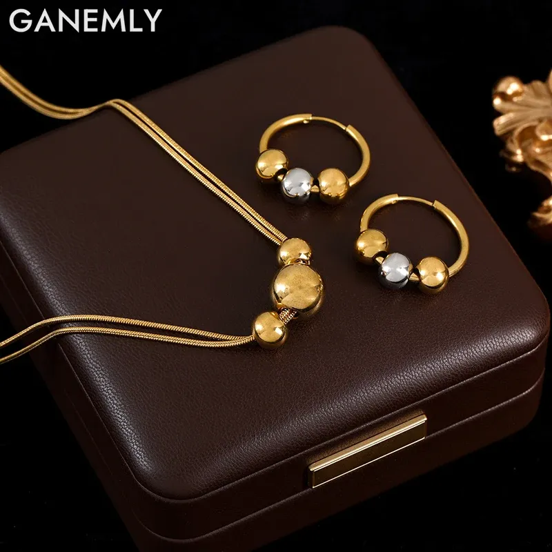 GANEMLY 316L Edelstahl Perlen Kugeln Halskette Ohrringe Für Frauen Mode Party Geschenk 18K Gold Überzogene Wasserdichte Schmuck Set
