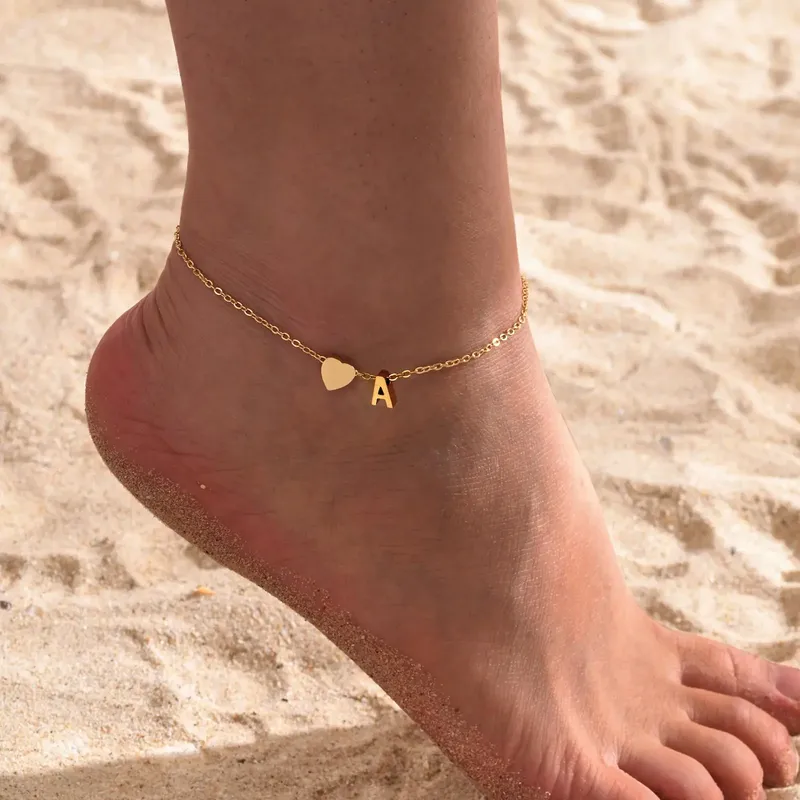 Damen-Fußkettchen mit Herz-Anfang, verstellbar, Strandschmuck, hypoallergen, Edelstahl, personalisierter Name, Fußkette, Fußkettchen
