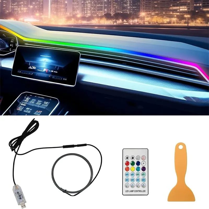Bunte LED Auto Innen Versteckte App Fernbedienung Atmosphäre Lampe USB Auto Umgebungs Licht Acryl Streifen Dashboard Lichter RGB