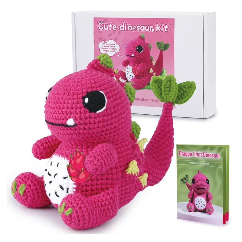 BUDDUR Dinosaurier-Häkel-Strickset mit Baumwollgarn, Faden und Häkelnadeln für die Puppenherstellung, DIY-Set aus nicht fertigen Materialien