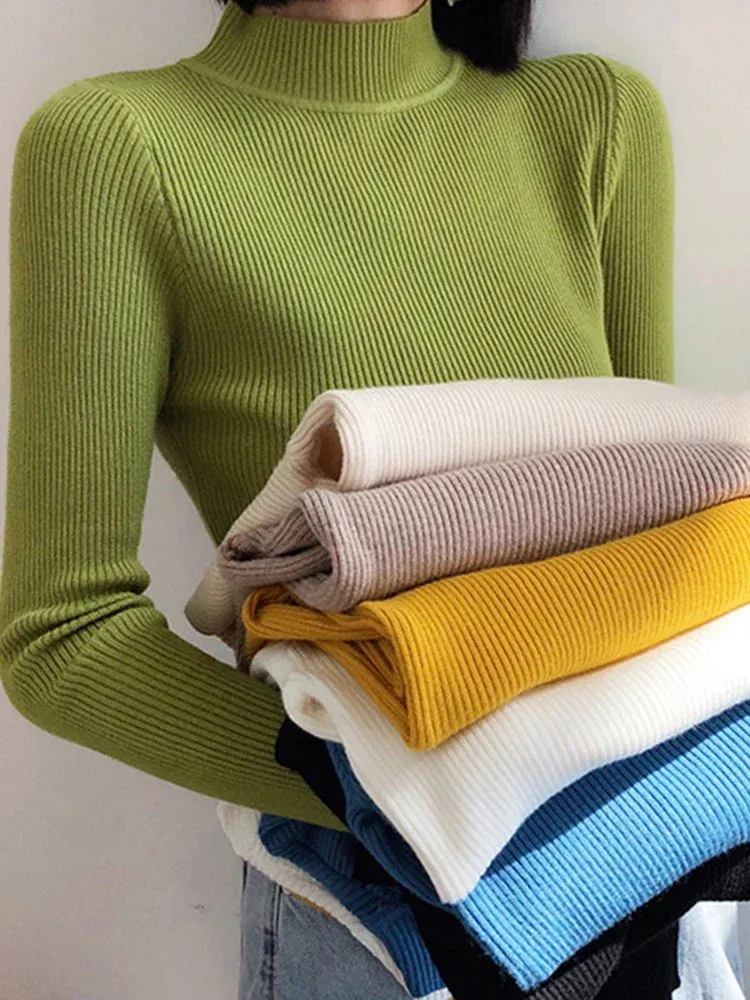 Herbst Winter Mock Neck Frauen Pullover Vintage Grundlegende Solide Strick Tops Beiläufige Dünne Pullover Koreanische Pullover Einfache Chic Jumper