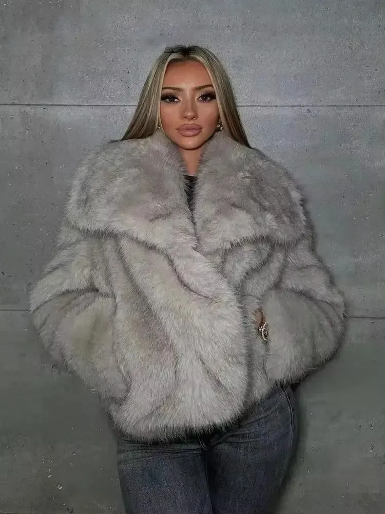 HH Frauen Mode Faux Pelz Jacke Vintage Drehen-unten Kragen Langarm Mantel Herbst Winter Frau Elegante Street